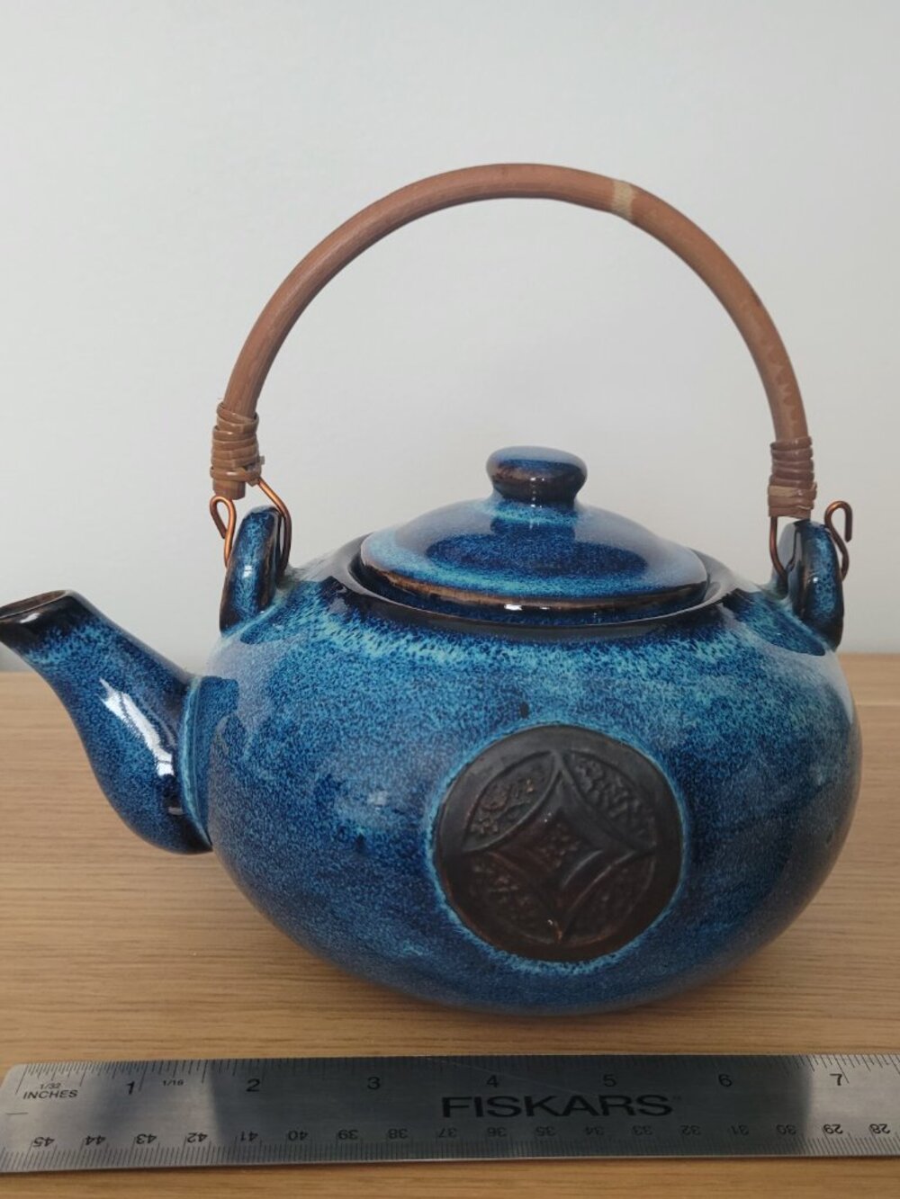 Vintage Blue Studio Pottery Teapot - 1980s glazed ceramic - textured medallion